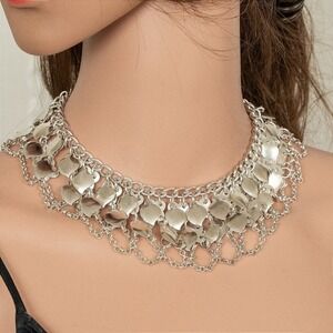 Silver Boho Bib Necklace Layered Fringe Statement Choker Festival